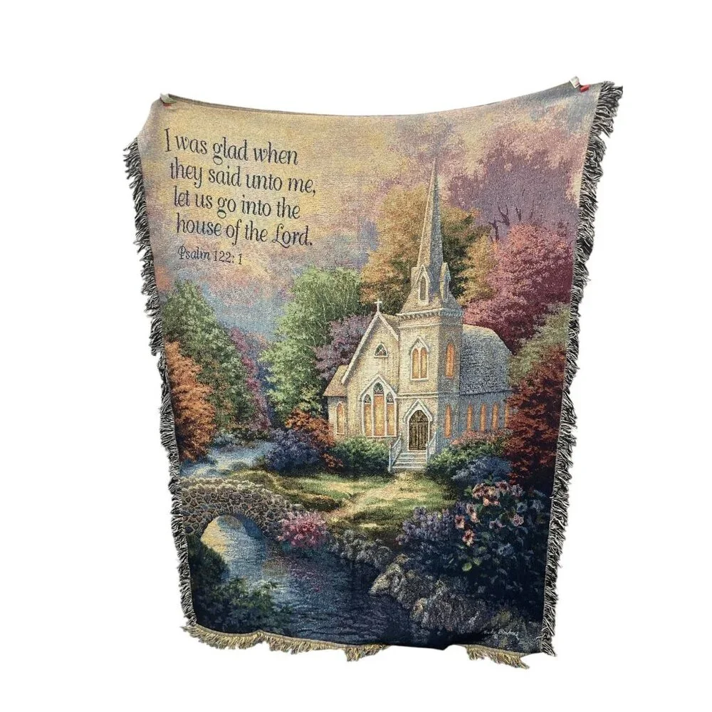 Church Tapestry Throw‎ Blanket 54x72 Psalm 122:1 Cotton Multi-Color